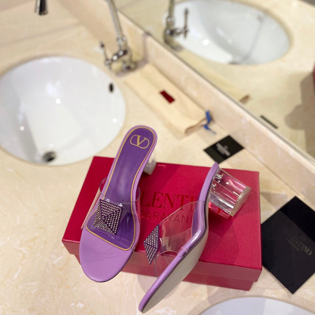 HIGH MULE 60MM IN MAUVE PURPLE SHEEPSKIN AND TRANSPARENT PVC