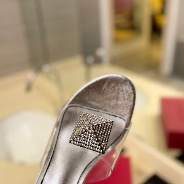 HIGH MULE 60MM IN SILVER SHEEPSKIN AND TRANSPARENT PVC