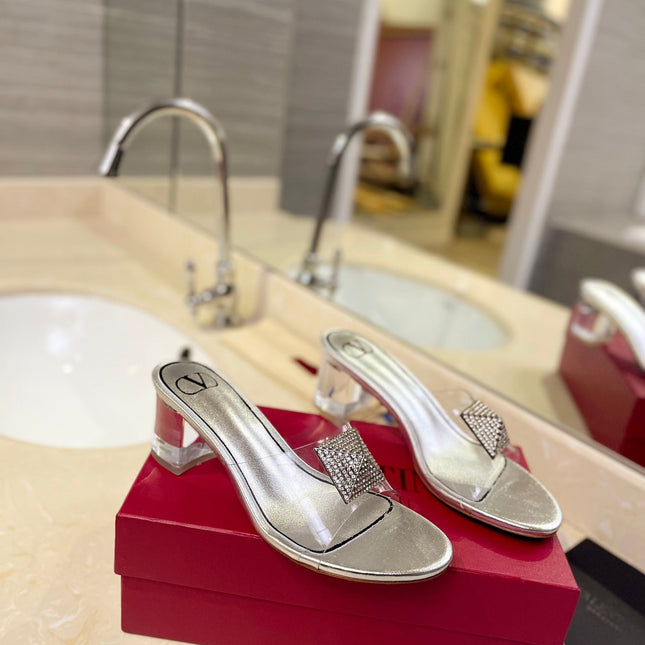 HIGH MULE 60MM IN SILVER SHEEPSKIN AND TRANSPARENT PVC