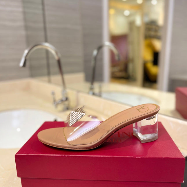 HIGH MULE 60MM IN CAMEL BEIGE SHEEPSKIN AND TRANSPARENT PVC