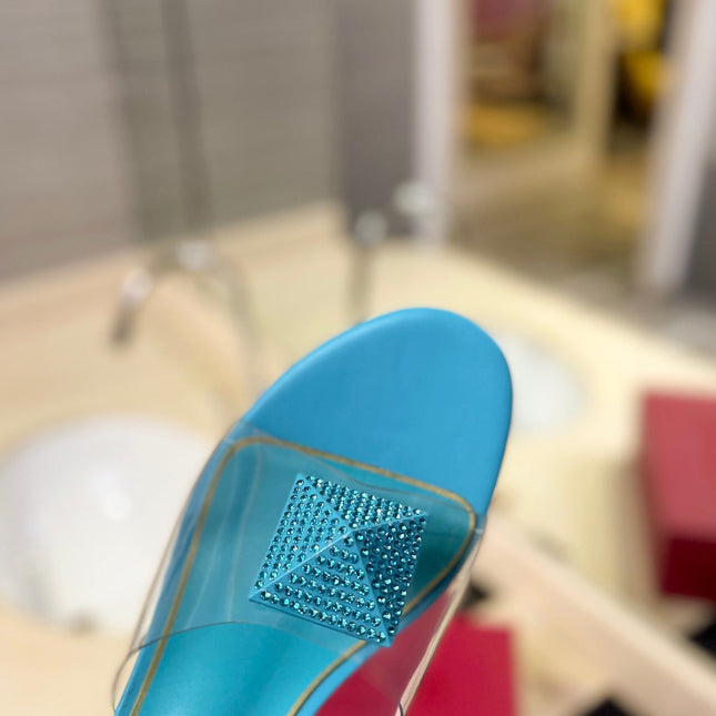 HIGH MULE 60MM IN AQUA BLUE SHEEPSKIN AND TRANSPARENT PVC