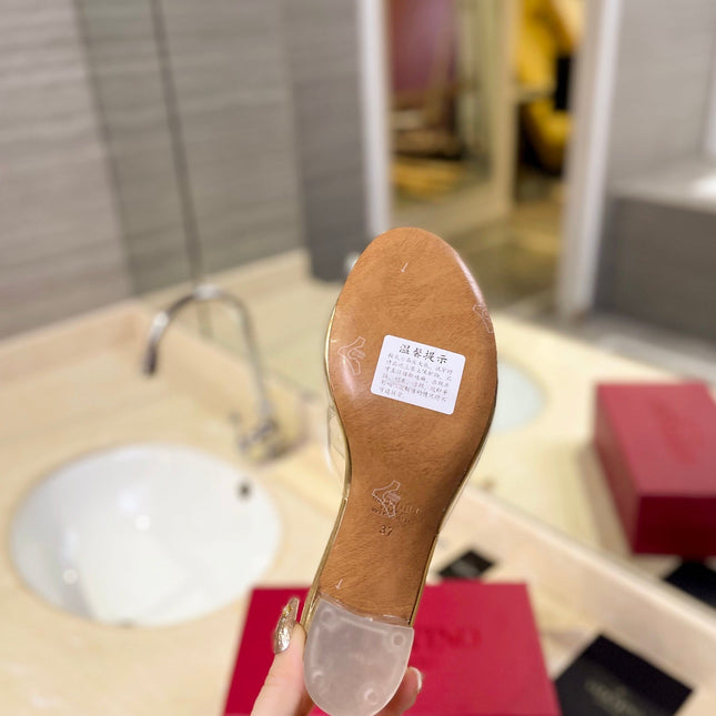 HIGH MULE 60MM IN GOLD SHEEPSKIN AND TRANSPARENT PVC