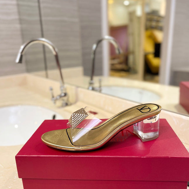 HIGH MULE 60MM IN GOLD SHEEPSKIN AND TRANSPARENT PVC