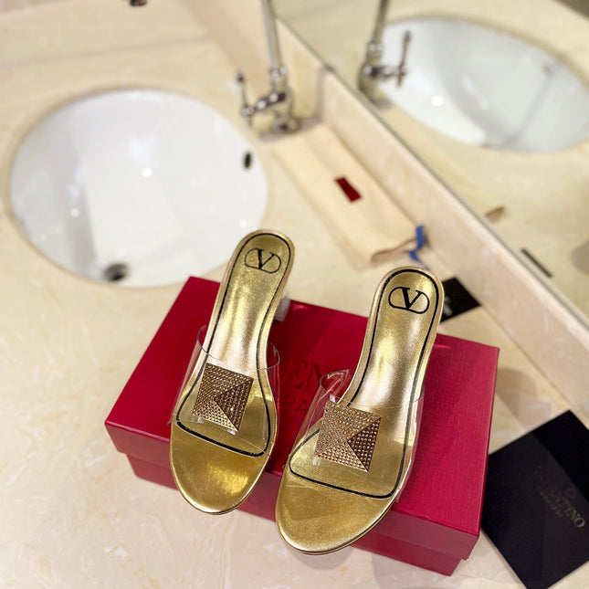 HIGH MULE 60MM IN GOLD SHEEPSKIN AND TRANSPARENT PVC