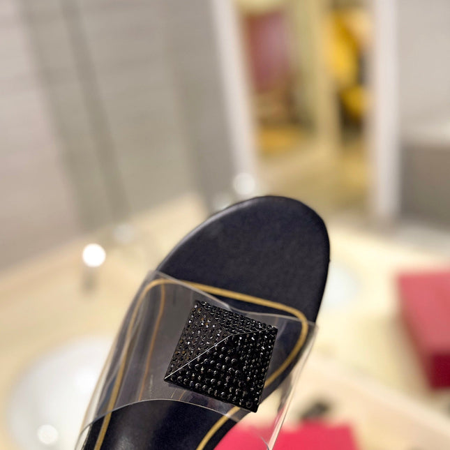 HIGH MULE 60MM IN BLACK SHEEPSKIN AND TRANSPARENT PVC
