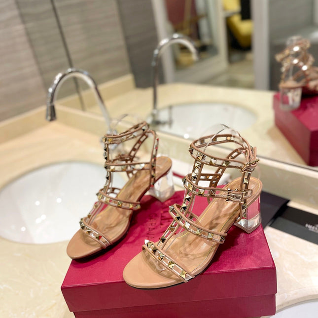 ROCKSTUD SANDAL WITH STRAP IN CAMEL BROWN CALFSKIN 60 MM