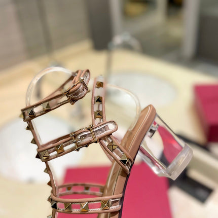 ROCKSTUD SANDAL WITH STRAP IN CAMEL BROWN CALFSKIN 60 MM