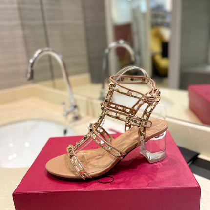 ROCKSTUD SANDAL WITH STRAP IN CAMEL BROWN CALFSKIN 60 MM