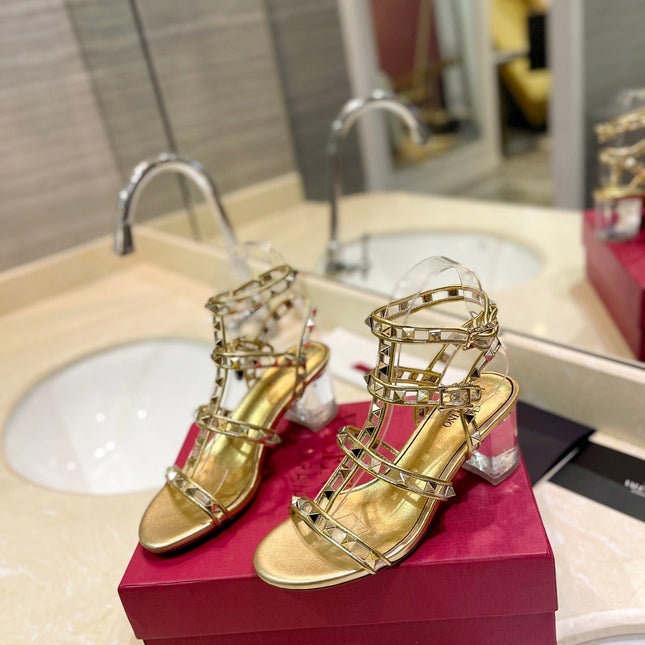 ROCKSTUD SANDAL WITH STRAP IN GOLD CALFSKIN 60 MM
