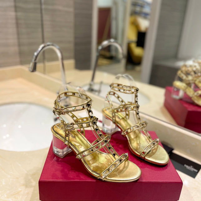 ROCKSTUD SANDAL WITH STRAP IN GOLD CALFSKIN 60 MM