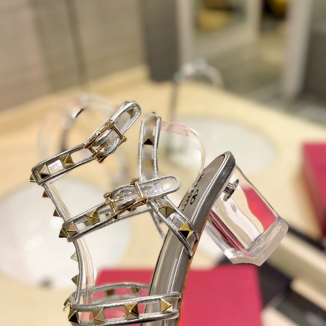 ROCKSTUD SANDAL WITH STRAP IN SILVER CALFSKIN 60 MM