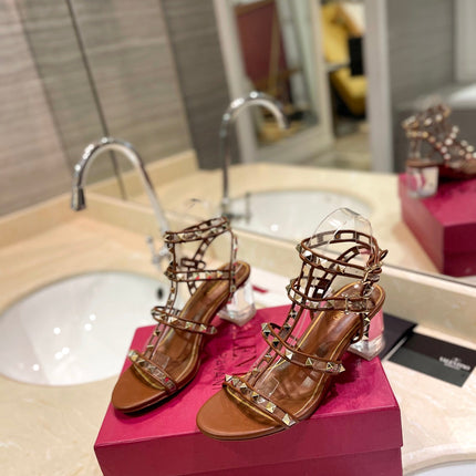 ROCKSTUD SANDAL WITH STRAP IN BRONZE BROWN CALFSKIN 60 MM
