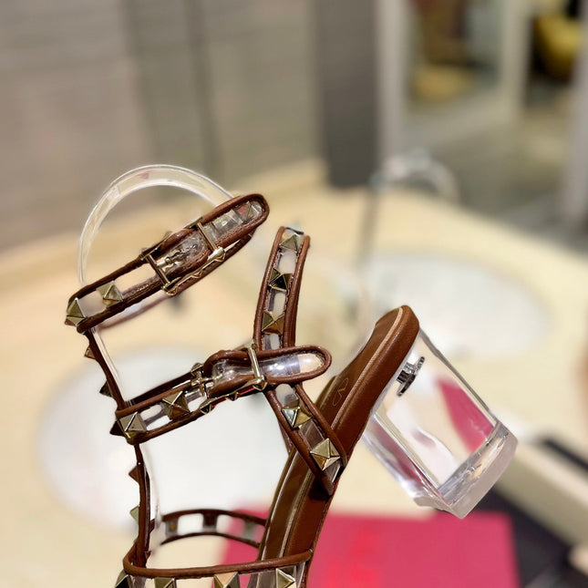 ROCKSTUD SANDAL WITH STRAP IN BRONZE BROWN CALFSKIN 60 MM