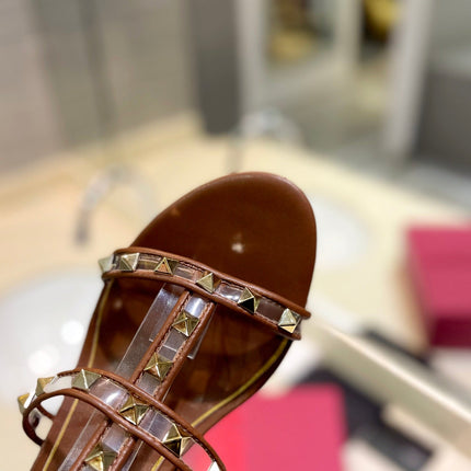 ROCKSTUD SANDAL WITH STRAP IN BRONZE BROWN CALFSKIN 60 MM