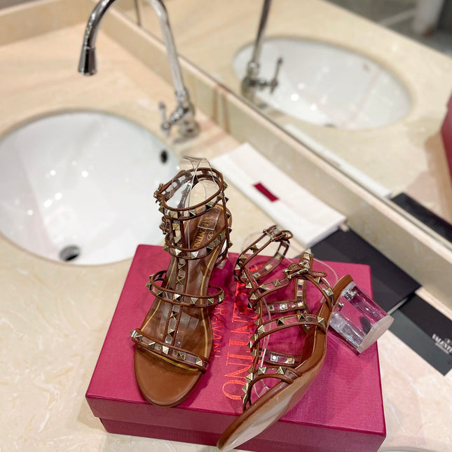 ROCKSTUD SANDAL WITH STRAP IN BRONZE BROWN CALFSKIN 60 MM