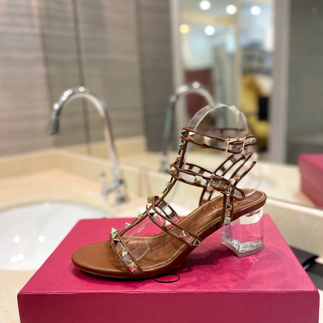 ROCKSTUD SANDAL WITH STRAP IN BRONZE BROWN CALFSKIN 60 MM
