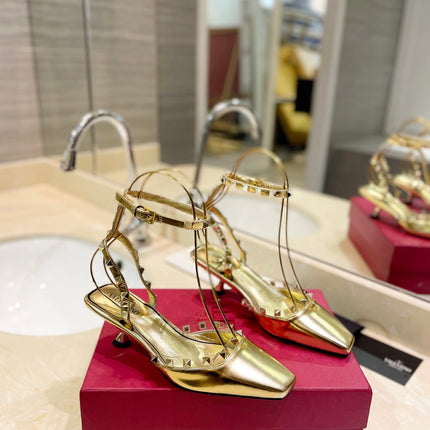 ROCKSTUD SLINGBACK IN GOLD CALFSKIN 50MM