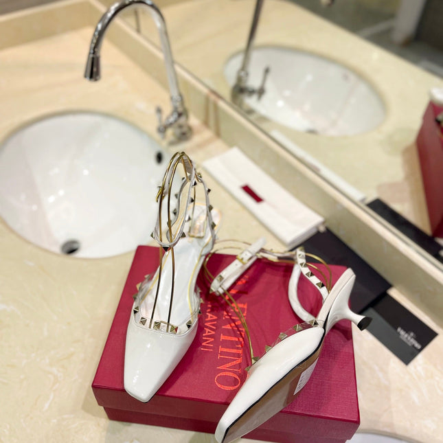 ROCKSTUD SLINGBACK IN WHITE CALFSKIN 50MM