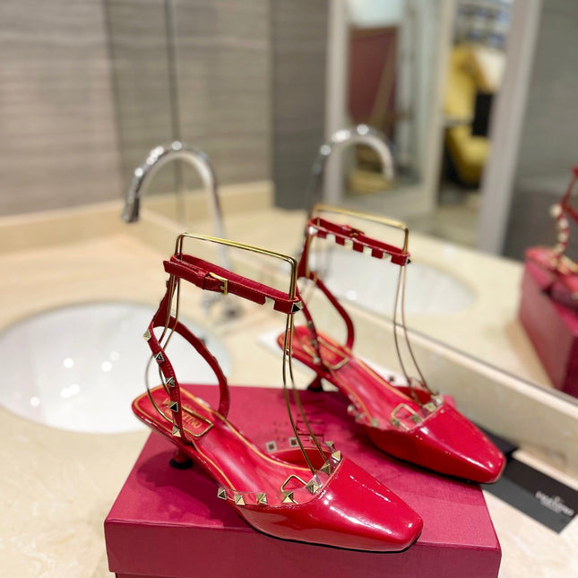 ROCKSTUD SLINGBACK IN CHERRY RED CALFSKIN 50MM