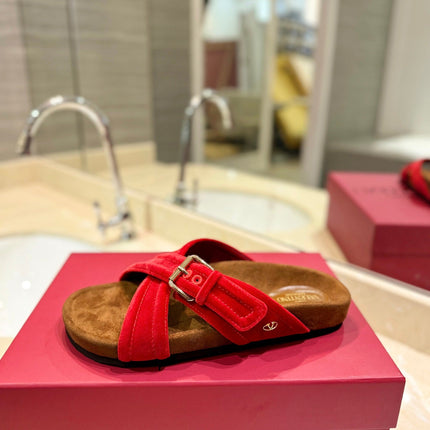 FUSSFRIEND CHERRY RED SILK VELVET SLIDE SANDALS