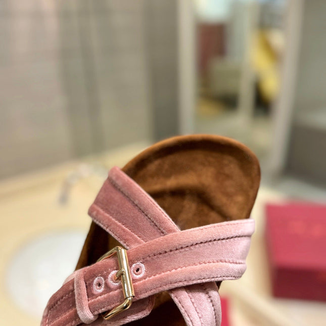 FUSSFRIEND CREPE PINK SILK VELVET SLIDE SANDALS