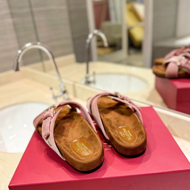 FUSSFRIEND CREPE PINK SILK VELVET SLIDE SANDALS