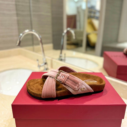 FUSSFRIEND CREPE PINK SILK VELVET SLIDE SANDALS