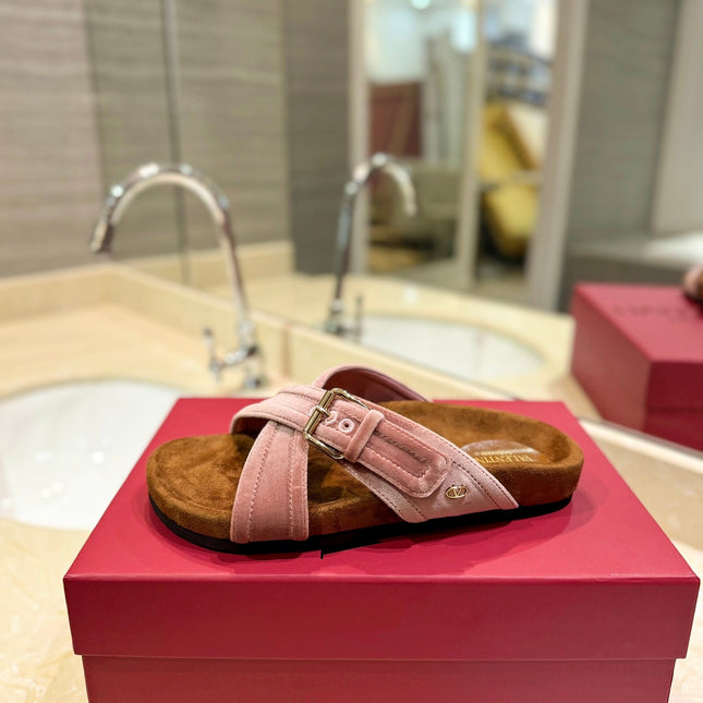 FUSSFRIEND CREPE PINK SILK VELVET SLIDE SANDALS