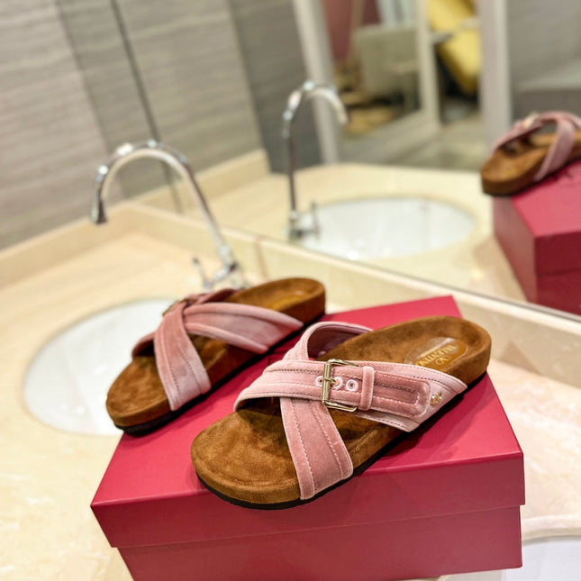 FUSSFRIEND CREPE PINK SILK VELVET SLIDE SANDALS