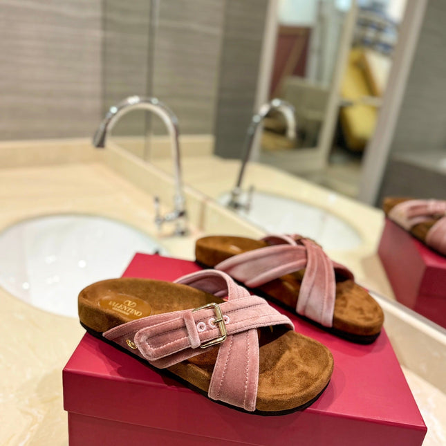 FUSSFRIEND CREPE PINK SILK VELVET SLIDE SANDALS
