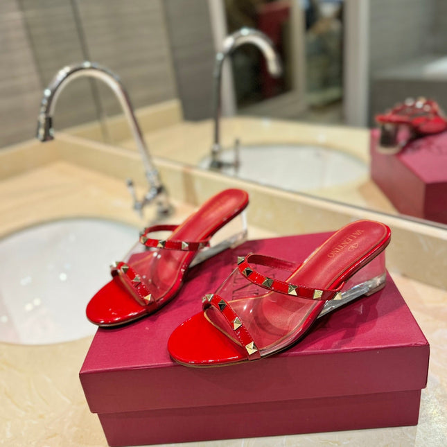ROCKSTUD MULE SANDALS IN CHERRY RED CALFSKIN AND TRANSPARENT PVC FILM