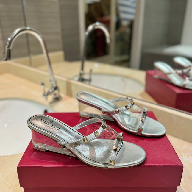 ROCKSTUD MULE SANDALS IN SILVER CALFSKIN AND TRANSPARENT PVC FILM