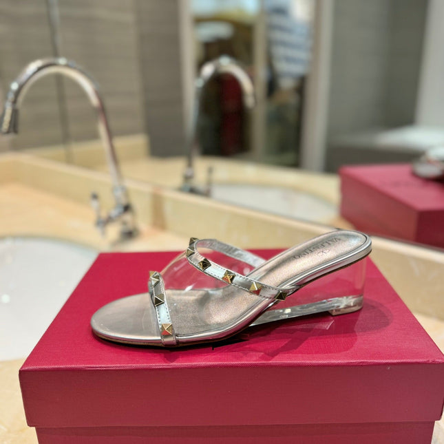 ROCKSTUD MULE SANDALS IN SILVER CALFSKIN AND TRANSPARENT PVC FILM