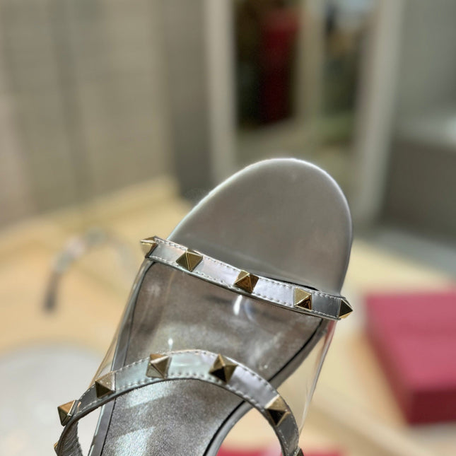 ROCKSTUD MULE SANDALS IN SILVER CALFSKIN AND TRANSPARENT PVC FILM