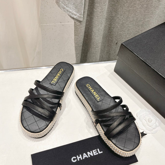 SLIPPERS CROSS STRAPS IN BLACK LAMBSKIN