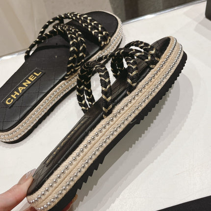 WOVEN STRAP SLIPPERS IN BLACK LAMBSKIN