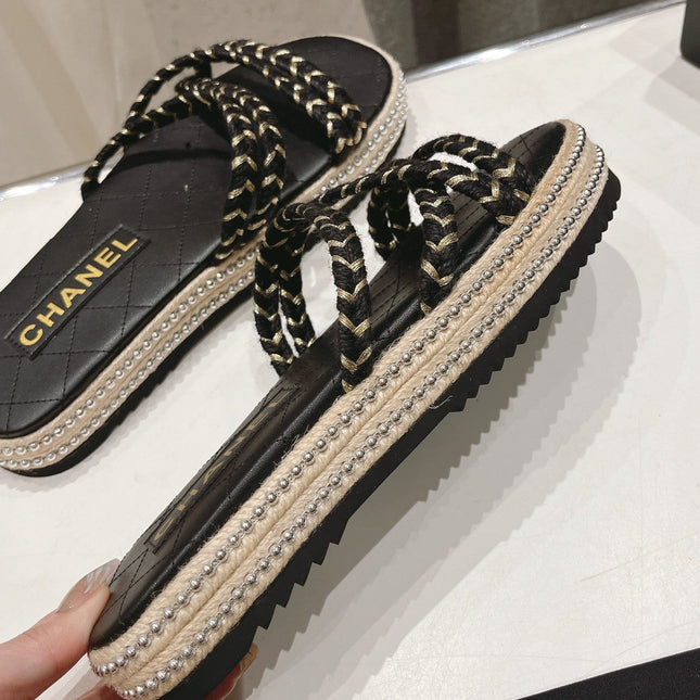 WOVEN STRAP SLIPPERS IN BLACK LAMBSKIN