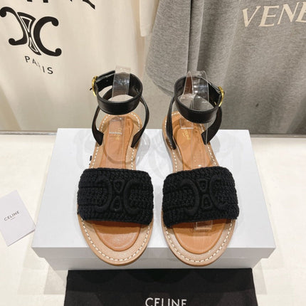 LYMPIA SANDAL IN TRIOMPHE MACCRAMÉ COTTON & CALFSKIN BLACK