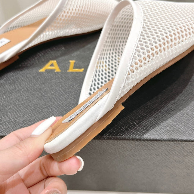 ALAIA FLAT MULES IN WHITE MESH FISHNET