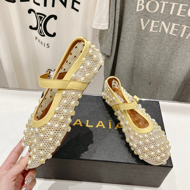 ALAIA PEARL MARY JANE SHOES IN LIGHT YELLOW MESH AND CALFSKIN