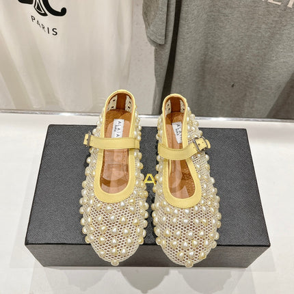 ALAIA PEARL MARY JANE SHOES IN LIGHT YELLOW MESH AND CALFSKIN