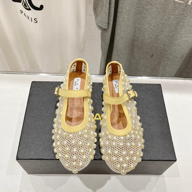 ALAIA PEARL MARY JANE SHOES IN LIGHT YELLOW MESH AND CALFSKIN