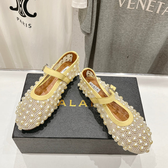 ALAIA PEARL MARY JANE SHOES IN LIGHT YELLOW MESH AND CALFSKIN