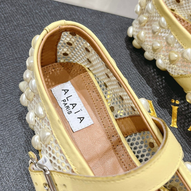 ALAIA PEARL MARY JANE SHOES IN LIGHT YELLOW MESH AND CALFSKIN