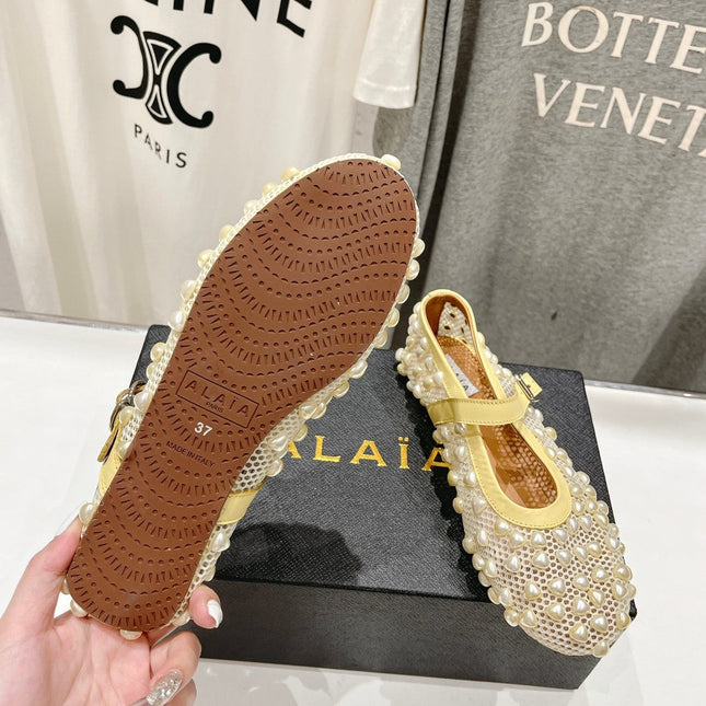ALAIA PEARL MARY JANE SHOES IN LIGHT YELLOW MESH AND CALFSKIN