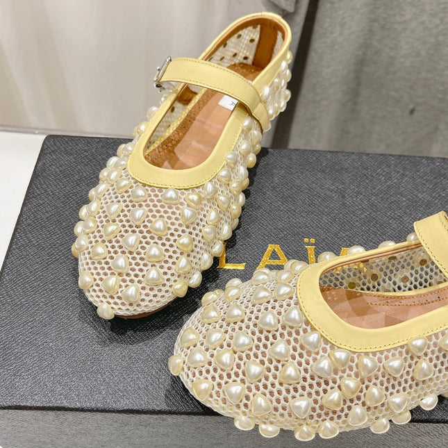 ALAIA PEARL MARY JANE SHOES IN LIGHT YELLOW MESH AND CALFSKIN