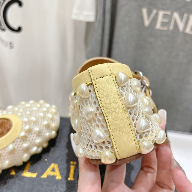 ALAIA PEARL MARY JANE SHOES IN LIGHT YELLOW MESH AND CALFSKIN