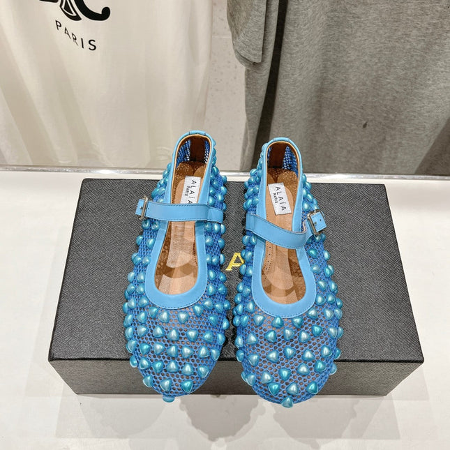 ALAIA PEARL MARY JANE SHOES IN CERULEAN BLUE MESH AND CALFSKIN
