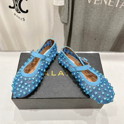 ALAIA PEARL MARY JANE SHOES IN CERULEAN BLUE MESH AND CALFSKIN