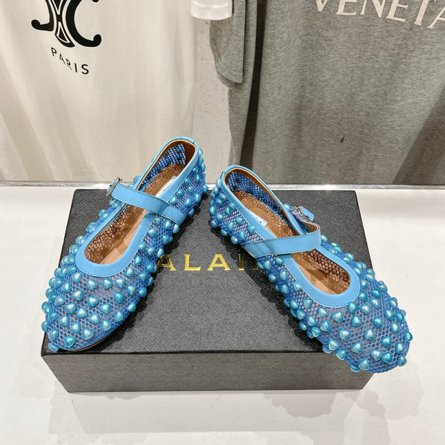 ALAIA PEARL MARY JANE SHOES IN CERULEAN BLUE MESH AND CALFSKIN